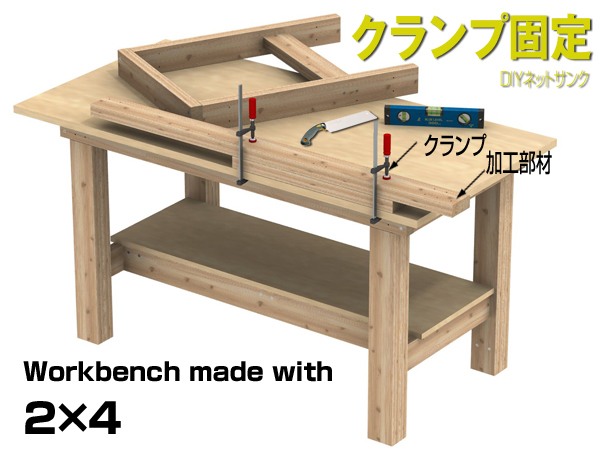 DIY作業台のクランプ固定の説明図